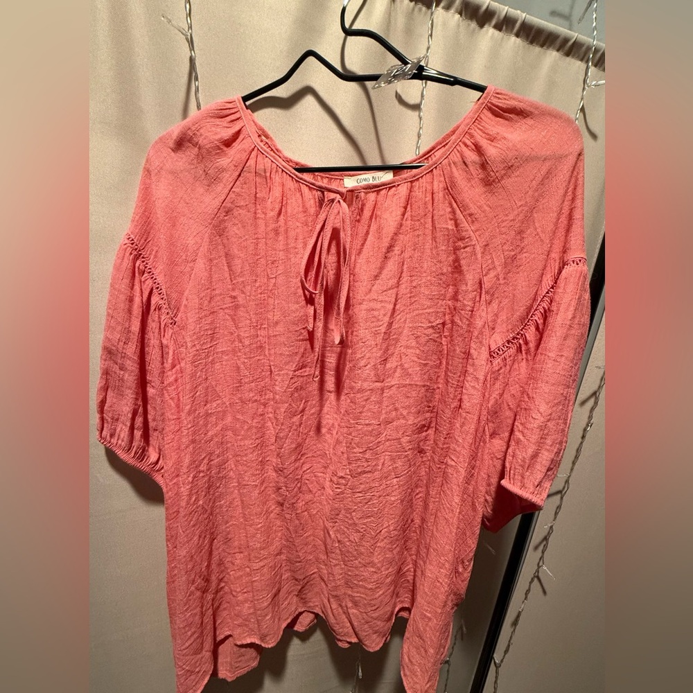 Como Blu Brand Pink Short Raglan Bell Sleeve Blouse W/Tie At Neck.  Size 3X NWOT